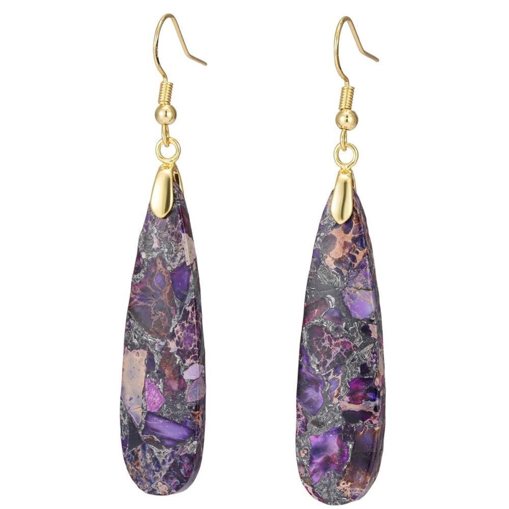 18K Yellow Gold with Natural Imperial Purple Jasper Stone Dangling Hook Earrings